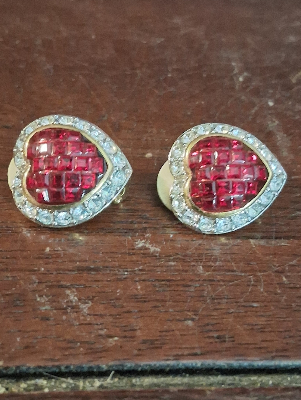 Vintage Gold Tone Heart Clip On Earrings With CZ Accents